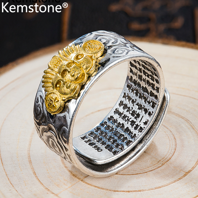 Kemstone S990 Silver Buddhist Heart Sutra Lucky Adjustable Pi Xiu Ring Silver Women Men Jewelry