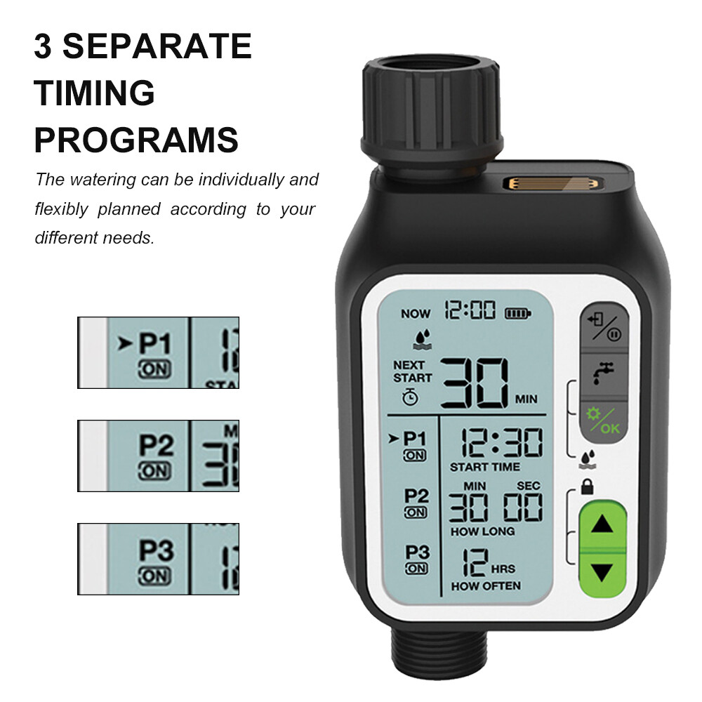 Electronic Irrigation Regulator Automatic Irrigation Timer with Large LCD Screen Waterproof Sprinkler Controller 3 Separate Timing Programs Weak Electricity Protection Rain Sensor Child Lock Outdoor Garden Watering Device Irrigation Tool