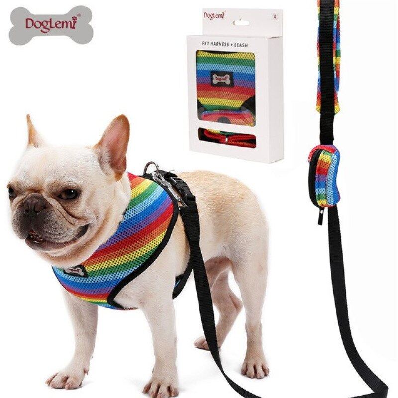 Bộ Dây Xích Chó Với Túi Poop Mềm Mại Thoáng Khí Cầu Vồng Lưới Pháp Bulldog Vest Điều Chỉnh Chạy Bộ Dây Xích Thú Cưng SP