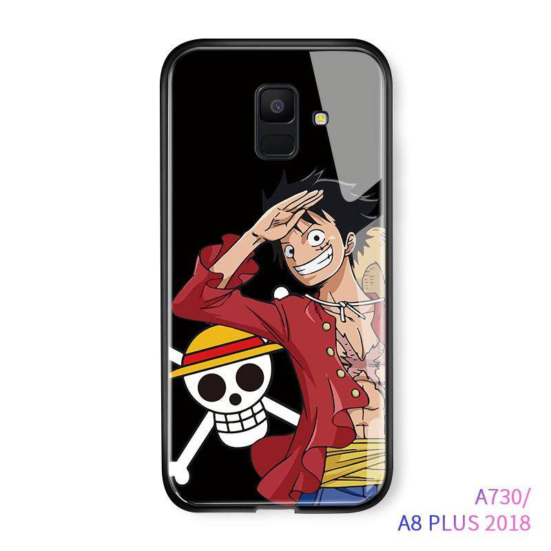 UCUC For Samsung Galaxy A8 Plus 2018 / A730 Case, OnePiece Luffy Anime Character Glossy Casing Phone Case Soft Edge Tempered Glass Back Cover