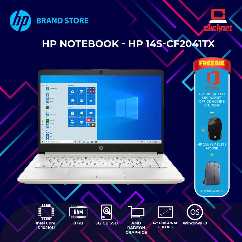 HP 14s-cf2041TX 14 Laptop/ Notebook (i5-10210U, 8GB, 512GB, AMD 530, W10H, Off H&S) Malaysia