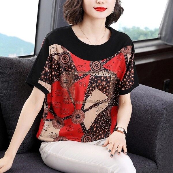 M-4XL Free Shipping Plus size Raglan sleeve Floral Print Short sleeve Women T-shirt Korean Temperament Vintage Middle-aged Mother Blouse Female Tees Foreign flavour Shirts Summer Fashion