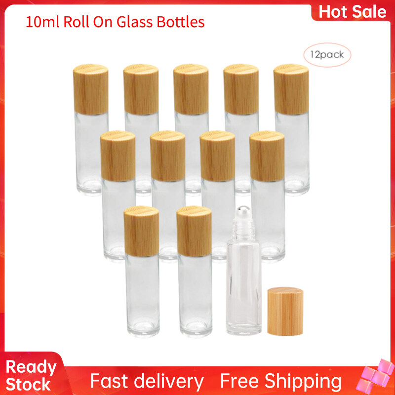 12 Cái 10Ml Cuộn Trên Chai Thủy Tinh Cho Tinh Dầu Chai Lăn Thủy Tinh Có Thể Bơm Lại Với Nắp Tre