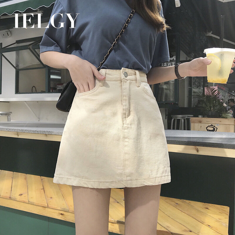 IELGY autumn high-waisted thin student skirts Korean version of all-match solid denim A-line skirt female summer