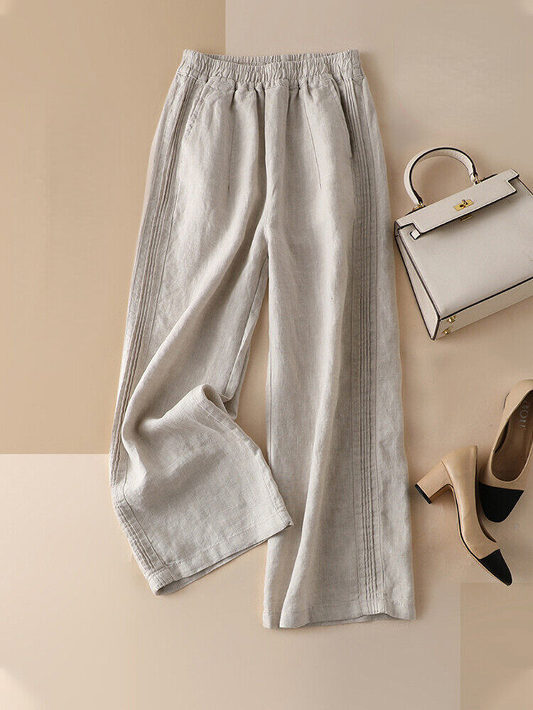 Alisa.Sonya Women Plus Size Cotton Linen High Waist Wide Pants with Pockets Straight-Leg Loose Comfy Modal Lounge Running Long Active Casual Trousers