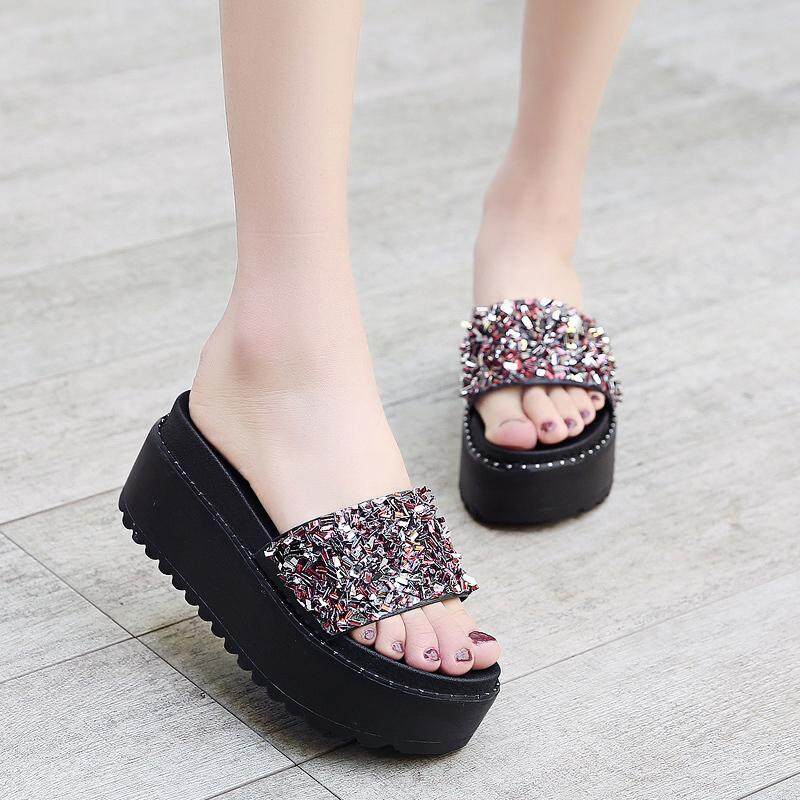 Jala Merah batu kristal air Sol wedges sandal segaris 2019 Musim semi dan musim panas Anti Selip Sol Tebal sendal adem Terlihat Langsing penambah tinggi pakaian luar wanita