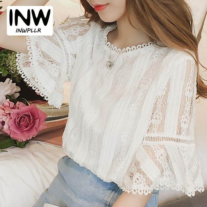 INWPLLR Women's Fashion Tops Hollow Out Blouses 2019 Lace Blouse Women Short Sleeve Female Shirt Summer Flare Sleeve Blouses Tops