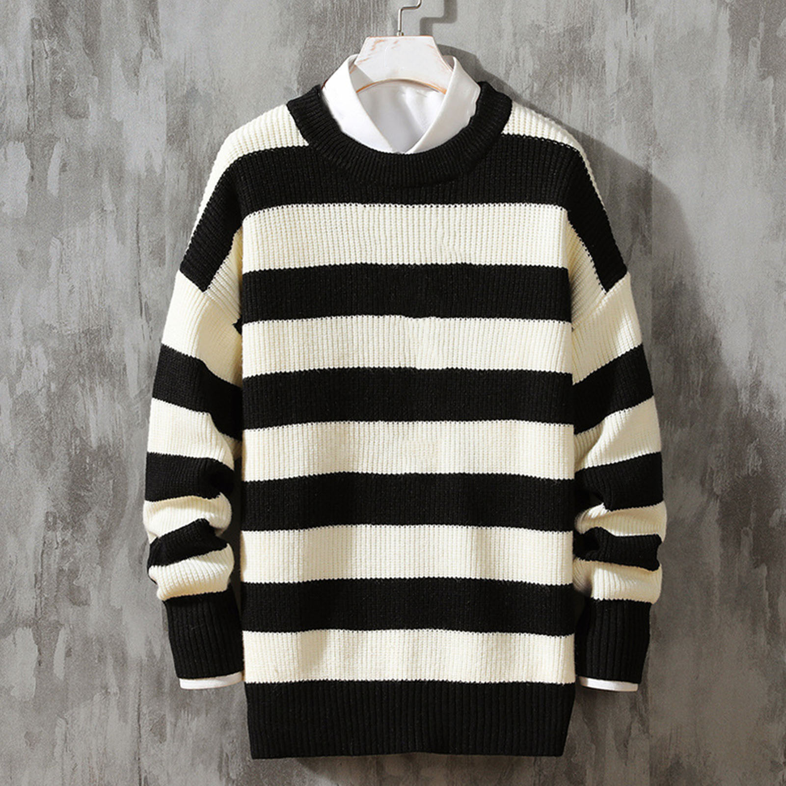 Miles Men Sweater Stripe Round Neck Loose Pullover Spring Sweater for Daily Wear Men Sweater Stripe