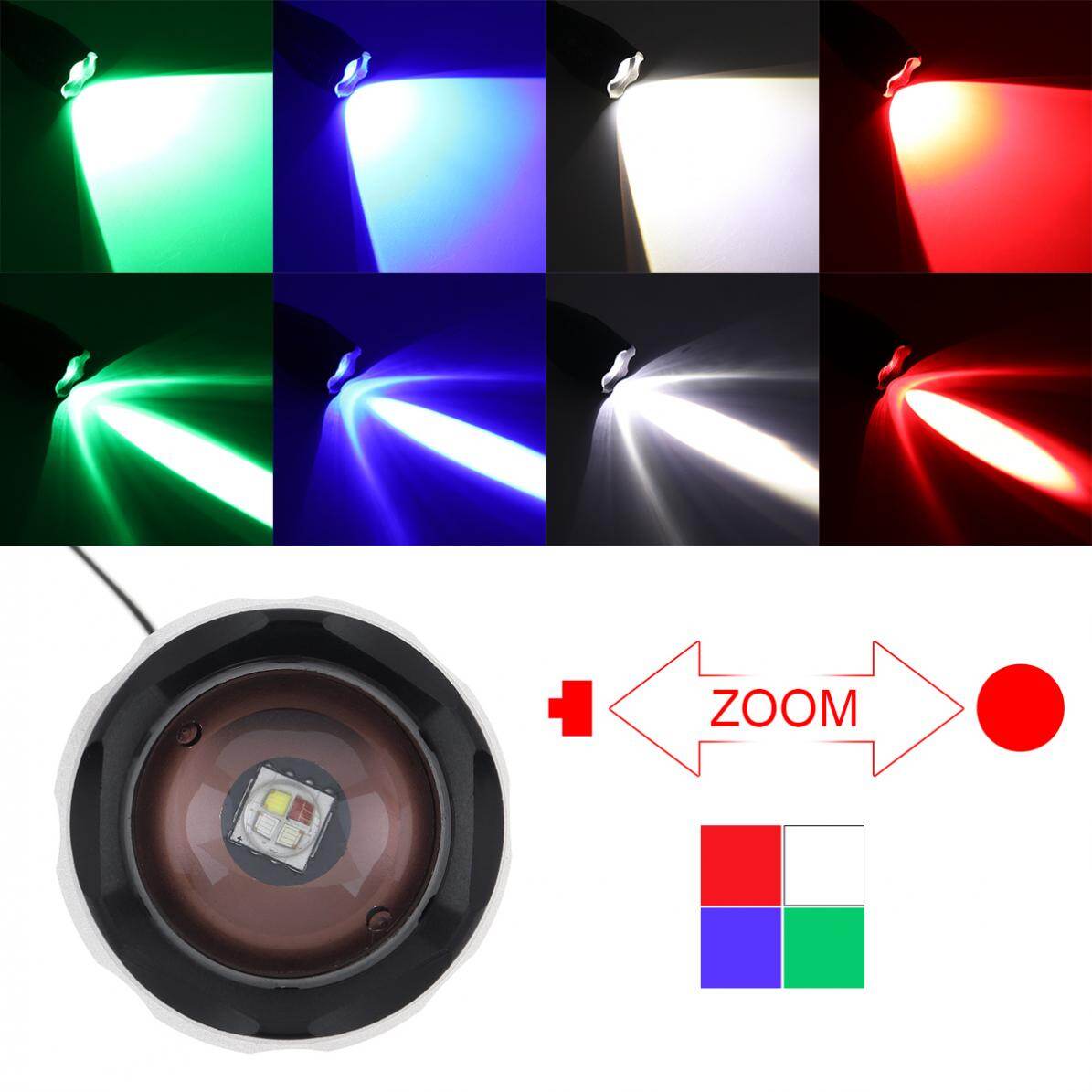 A100 4 Light Modes Red Green Blue White Light LED Flashlight with Adjustable Focus Waterproof for Camping / Hiking / Fishing