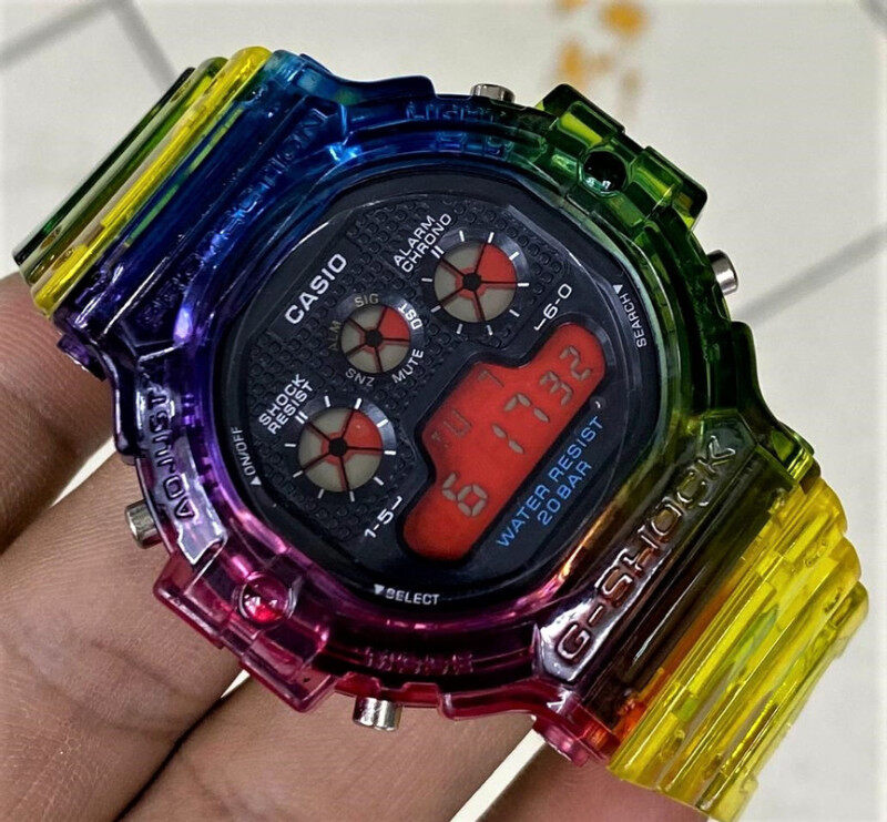 Multi Colors G_Shock_Tapak Kucing Kuning DW 5900 (Cermin Kaca) Skali Tin Gift Box 43mm Water Resistant Malaysia
