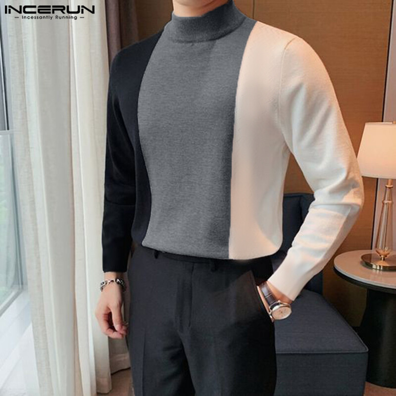 INCERUN Mens Warm Long Sleeve Mock Neck Patchwork Shirts Casual Pullover Tops Blouse (Korean Style)