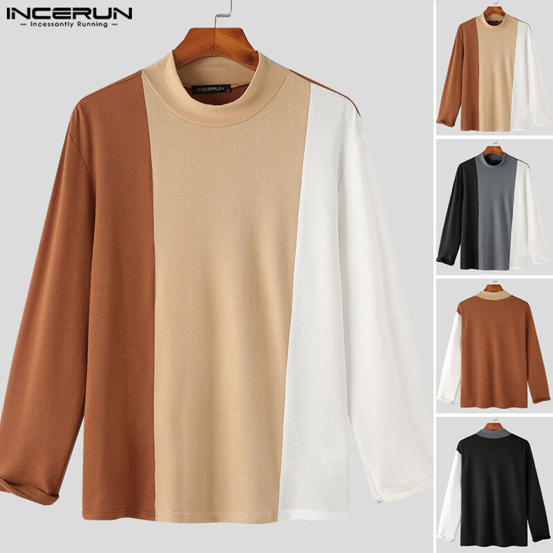 INCERUN Mens Warm Long Sleeve Mock Neck Patchwork Shirts Casual Pullover Tops Blouse (Korean Style)