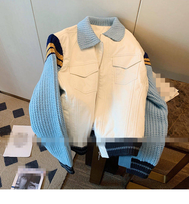 Sweater Patchwork Denim Jacket Women's Lapel Jacket Retro Baseball Uniform New Fall 2022 Casual Oversize Outwear for Female