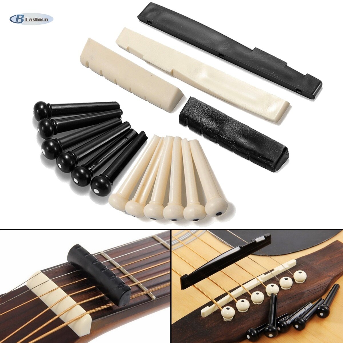 B-F Guitars accessorie 1 Set - 6 Guitar Bone Bridge Pins + 1 Saddle Nut for Folk Acoustic Guitar