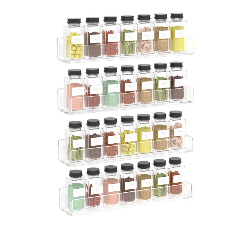Wall Mounted Spice Rack Organizer,Clear Acrylic Spice Shelf Storage Holder for Wall Kitchen Pantry Cabinet Door 4 Pack