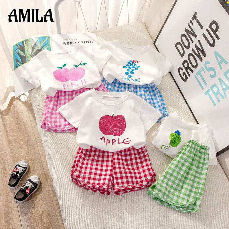 AMILA Fruit Plaid Two Piece Set Children's Suit Boys and Girls Baby Short Sleeve Shorts