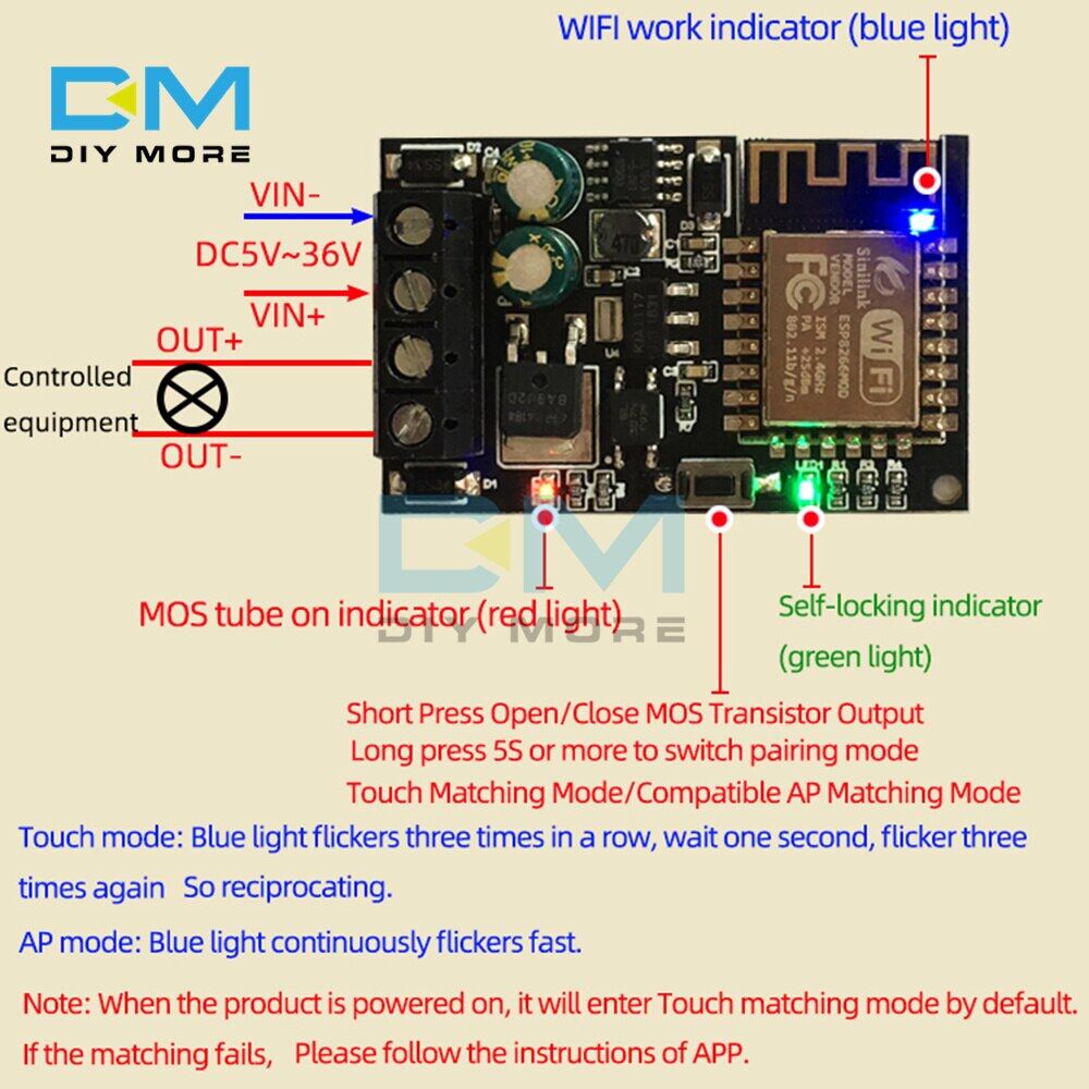diymore Mô-đun Điều Khiển Từ Xa Điện Thoại Di Động WIFI WFMS ESP-12F Sinilink 5V-36V Ứng Dụng Điện Thoại Gia Đình Thông Minh