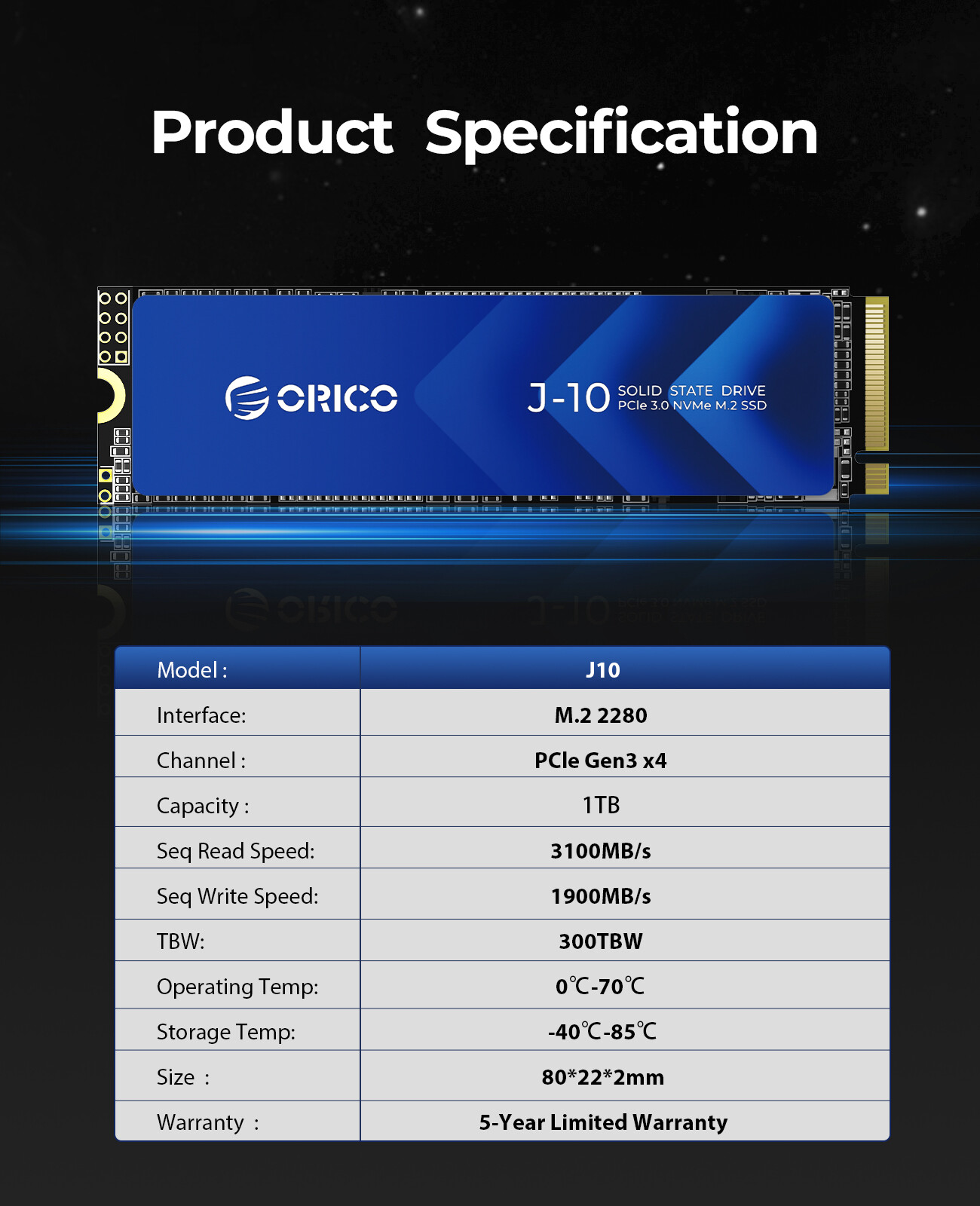ORICO PCIe3.0 Gen3x4 M.2 NVMe SSD with Heatsink Up to 3100MB/s 512GB/1TB/2TB 2280 Internal Solid State Drive SLC for Laptop PC Desktops -J10
