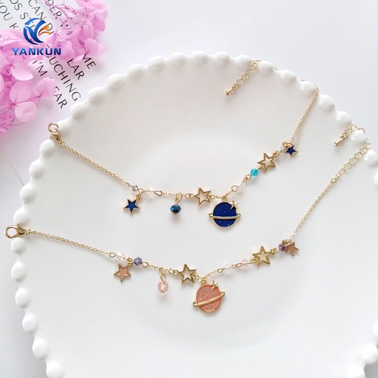 「fashion WSJ」Sweet Color Dream Planet Five-pointed Star Wild Crystal Bracelet 14k Gold Chain Bracelets for Women Girls