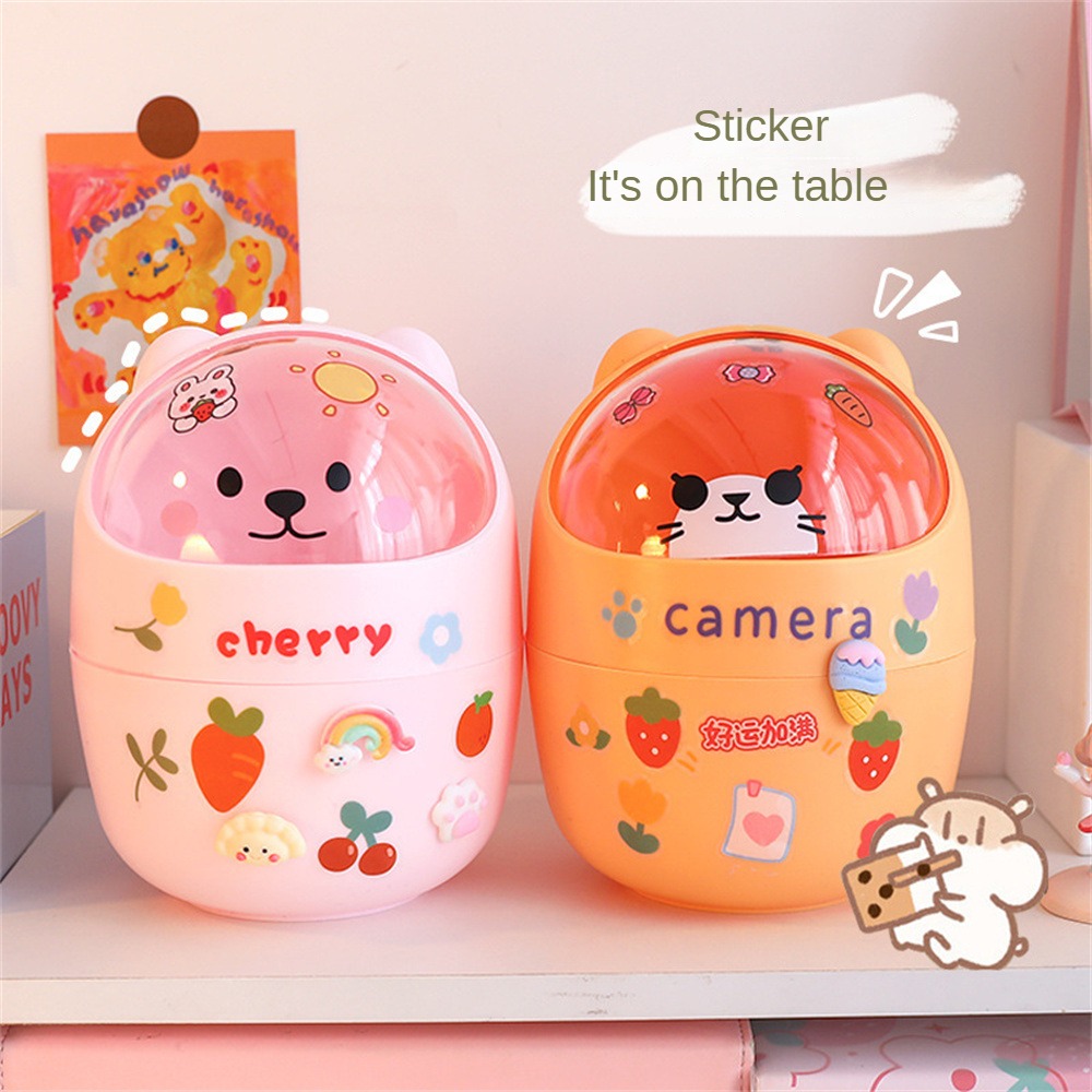 Creative Home Desktop Mini Trash Can Cover Storage Bucket Trash Can Practical Garbage Waste Bins Bag Holder Kitchen Bathroom Bedroom (with trash bag&sticker