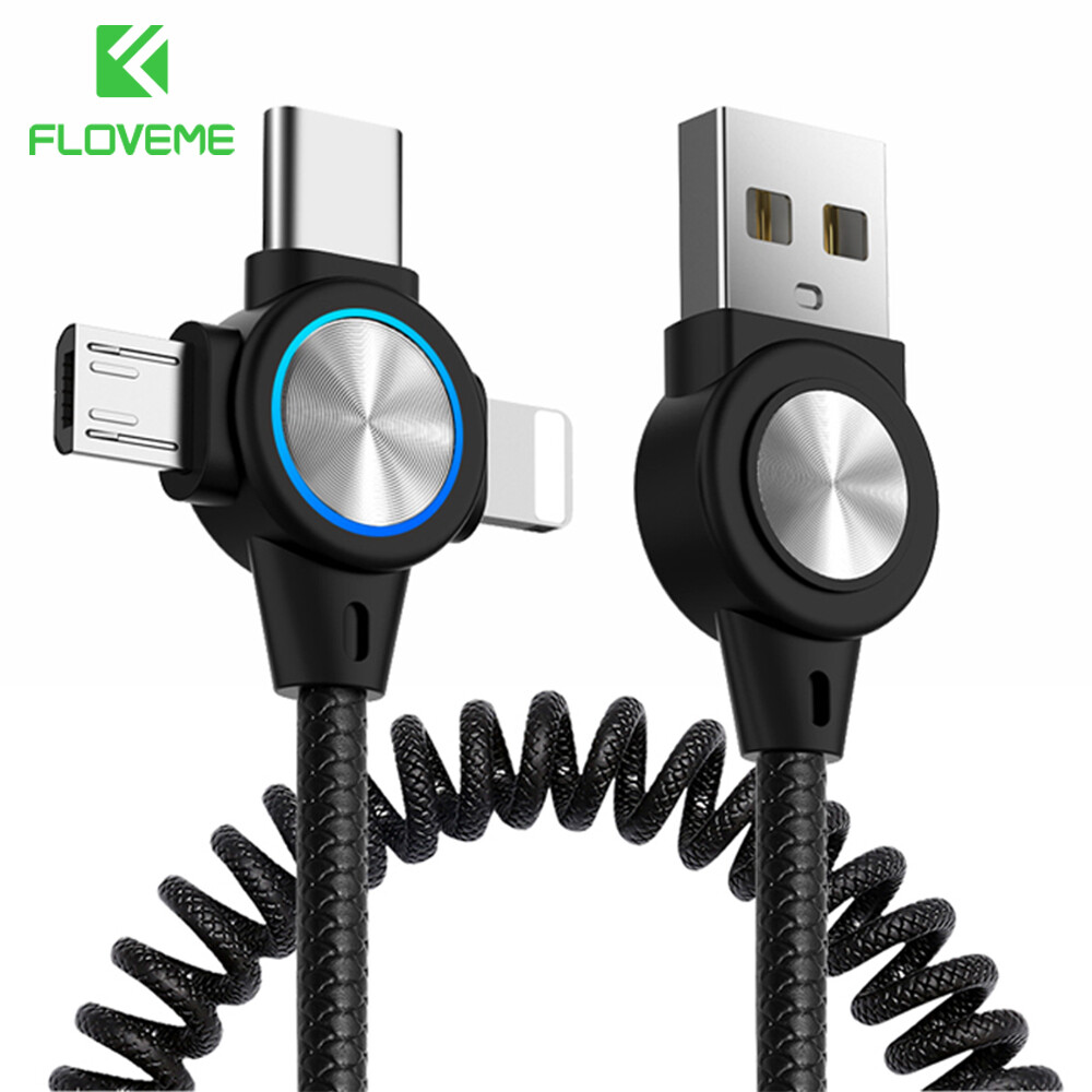 FLOVEME 3 in 1 USB Cable Data Transmission Spring Retractable Charing Charger Type C Lightning Micro USB Data Cable For iphone Samsung Xiaomi Android Phone