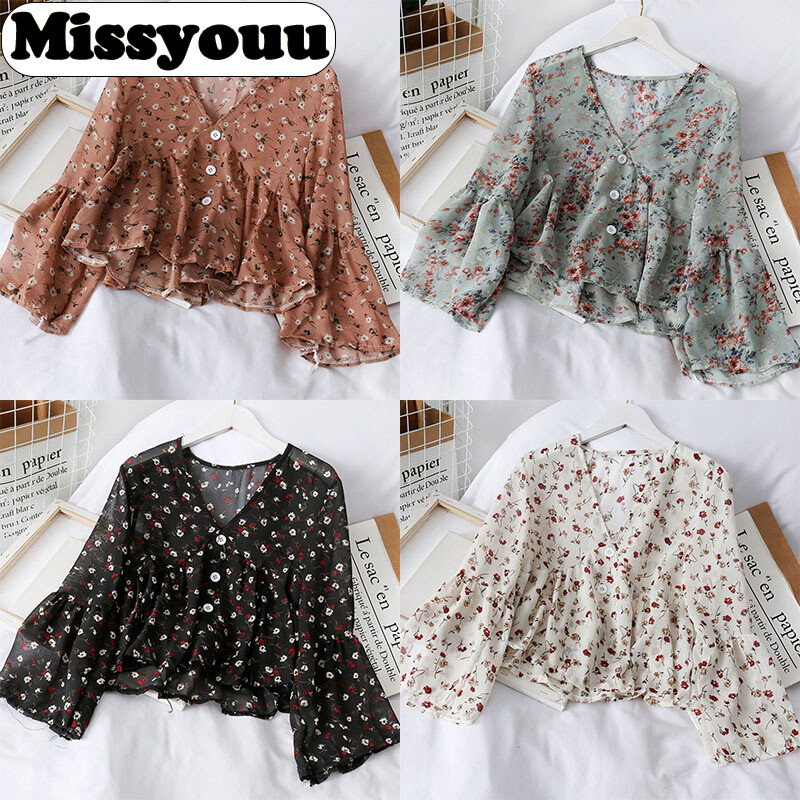 Missyouu Women's Fashion V Neck Floral Print Sweet Small Fresh Long Sleeves Chiffon Blouses