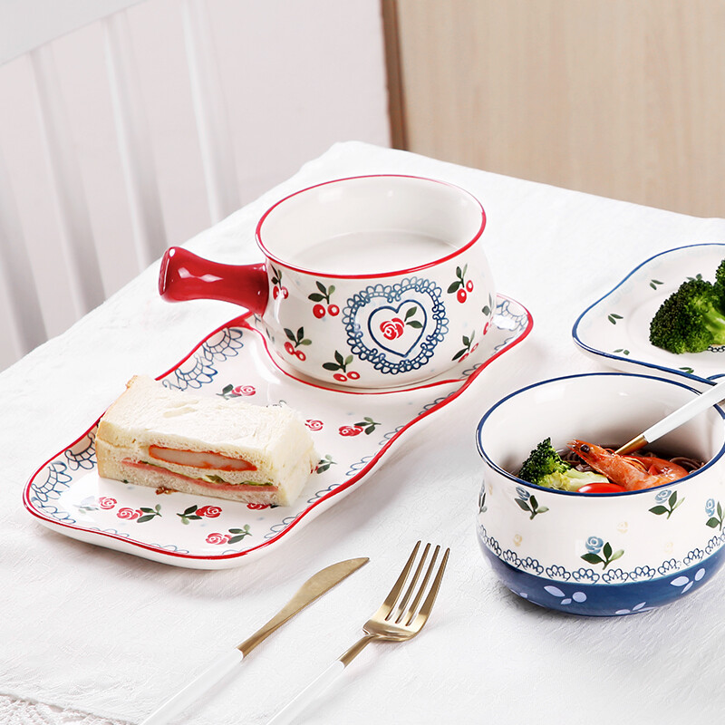 Gambar (In stock) ceramic tableware soup bowls and salad bowls heat resistant personalized hand painted pastoral design ceramic handle bowl set