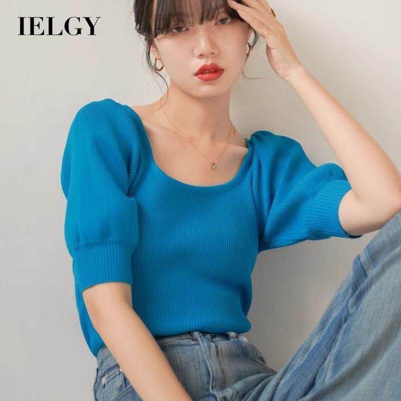 IELGY French Square Collar Puff Sleeve Knitted Top Summer New Style Ice Silk Retro Short Pure Color Short Sleeve T-Shirt women