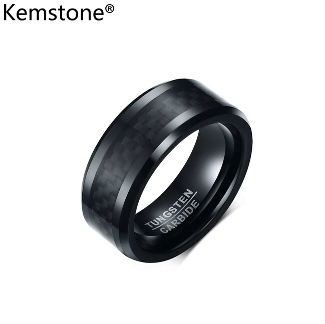 Kemstone Fashion Black Blue 8MM Tungsten Steel Carbon Fiber Ring for Men
