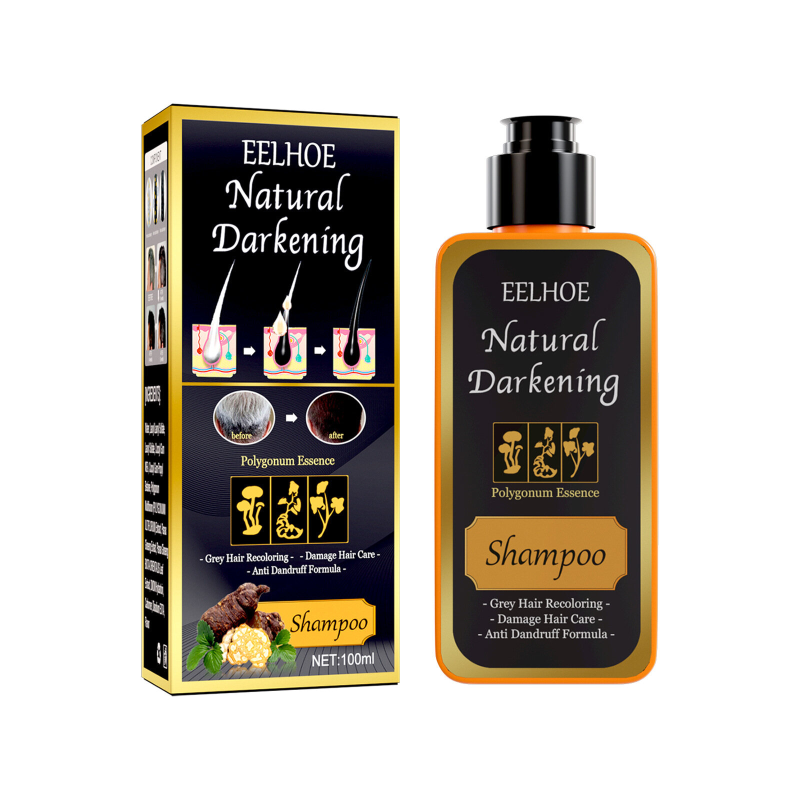 Eelhoe Polygonum Multiflorum Black Hair Shampoo Shampoo Black Black Herb Natural Faster Colorant Dye Hair Restore Into Oil Control Shampoo Repairing Shampoo For Women Men Grey Hair(100ml）