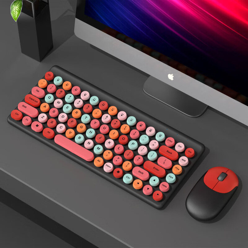 MD Bàn phím không dây và Combo Chuột, Bàn phím không dây kiểu máy đánh chữ hoài cổ với Vòng Keycaps, 2.4GHz kích thước đầy đủ USB dễ thương bàn phím không dây chuột cho máy tính, máy tính để bàn, máy tính xách tay và máy tính