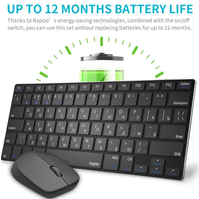 Rapoo 9000m Mini đa chế độ im lặng không dây hợp kim cơ sở bàn phím Bộ trọn gói Chuột Quang kết nối với 3 thiết bị Tiếng Anh/N bố trí