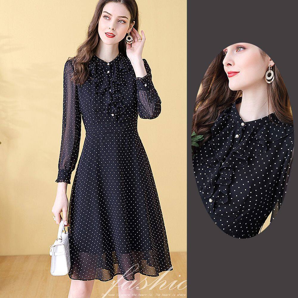 Heliar lotus leaf collar skirt black wave dot skirt 2022 autumn dress small temperament giving belt