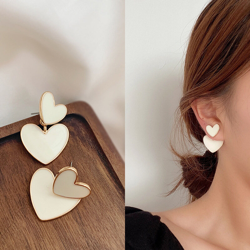 Frascati New Fashion Korean Drop Earrings For Women White Enamel Double Heart Korean Jewelry Female Earring Girls Gift