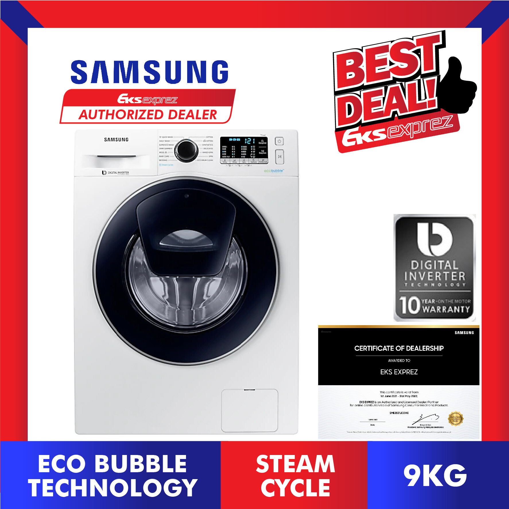 SAMSUNG Washer WW90K54E0UW/FQ 9KG Front Loader Inverter Washer ...