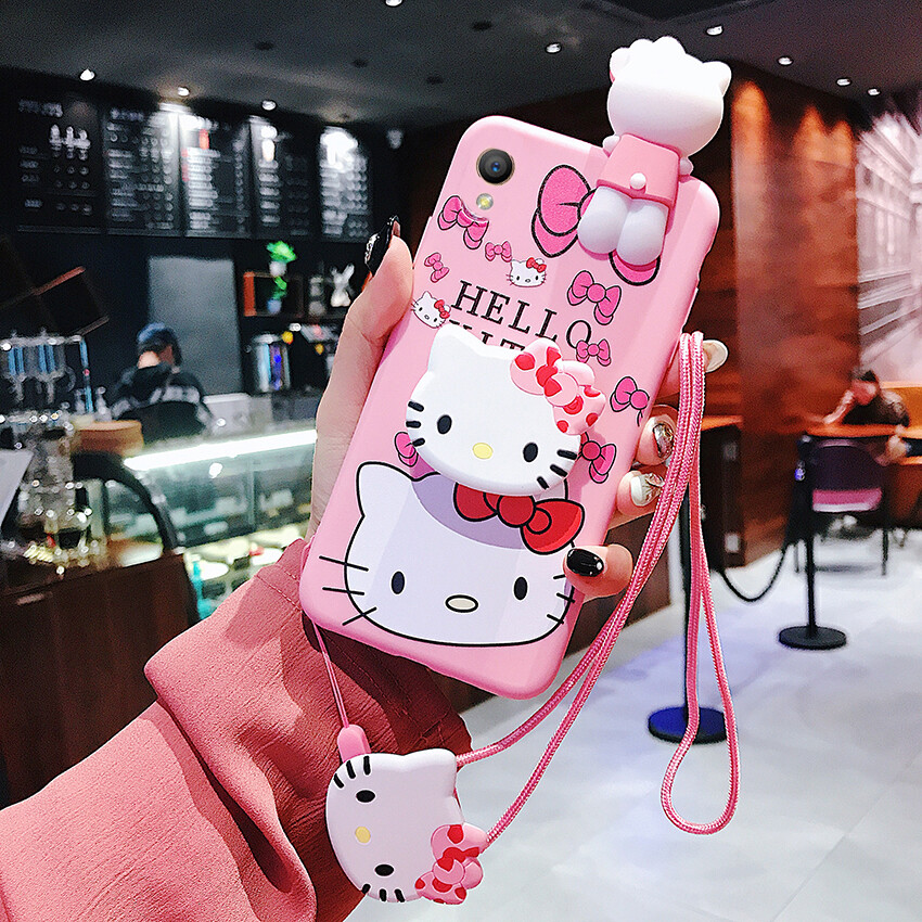 For OPPO A37 A39 A57 A59 A77 A83 A15 A15s OPPO F1s Pink Hello Kitty Case with Holder Stand Lanyard 3D Cartoon Cute Hellokitty Soft Back Cover