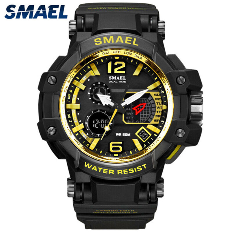 SMAEL thương hiệu hàng đầu ngoài trời đồng hồ nam thời trang không thấm nước Casual hiển thị kép đồng hồ bấm giờ kép hiển thị đồng hồ PU Đồng hồ thể thao đồng hồ nam
