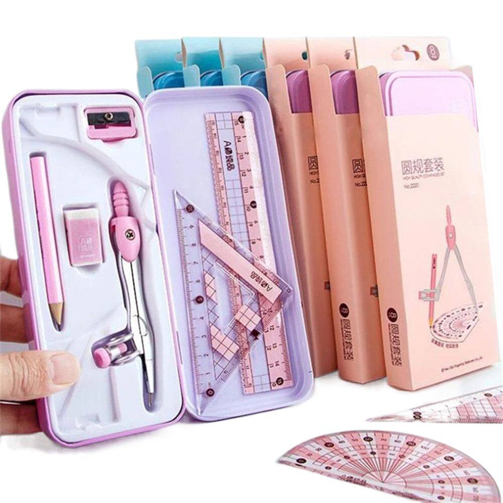 MMLUCK Back To School 8pcs/set Math Measuring Tool Eraser Iron Packaging For Students Compasses Set Straight Ruler Math Drawing Tool Geometry Protractor