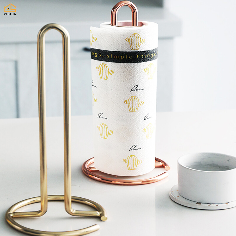 Vision Nordic Style Iron Paper Roll Rack Desktop Stand Tissue Paper Roll Hanging Holder Gold Rose Gold Color Metal Storage Organizer Entry Lux
