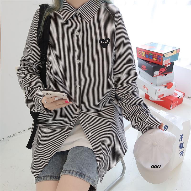 ASRV Men's retro plaid shirt couple love blue striped shirt vertical striped casual shirt