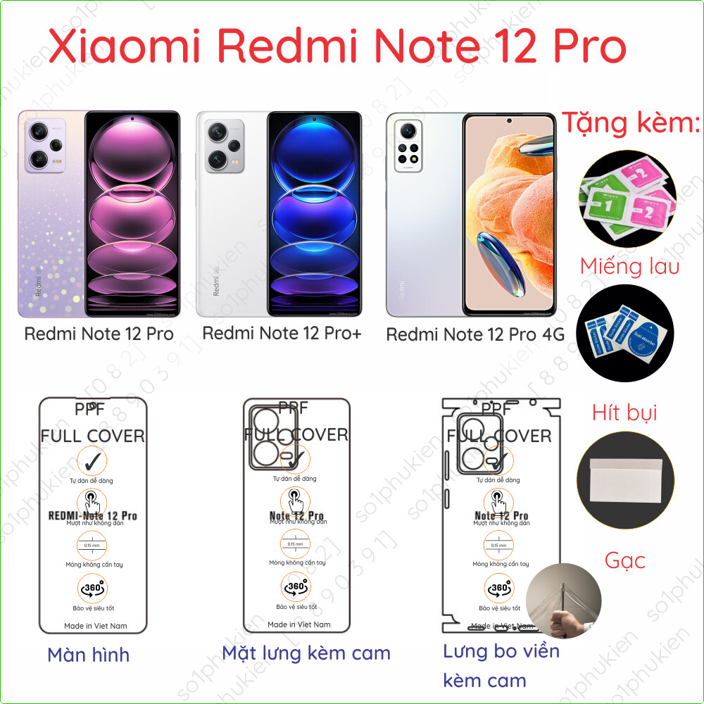Dán ppf xiaomi redmi note 12 pro/ note 12 pro 5g/ note 12 pro+/ note 12 pro 4g cho màn hình, mặt lưng, full viền