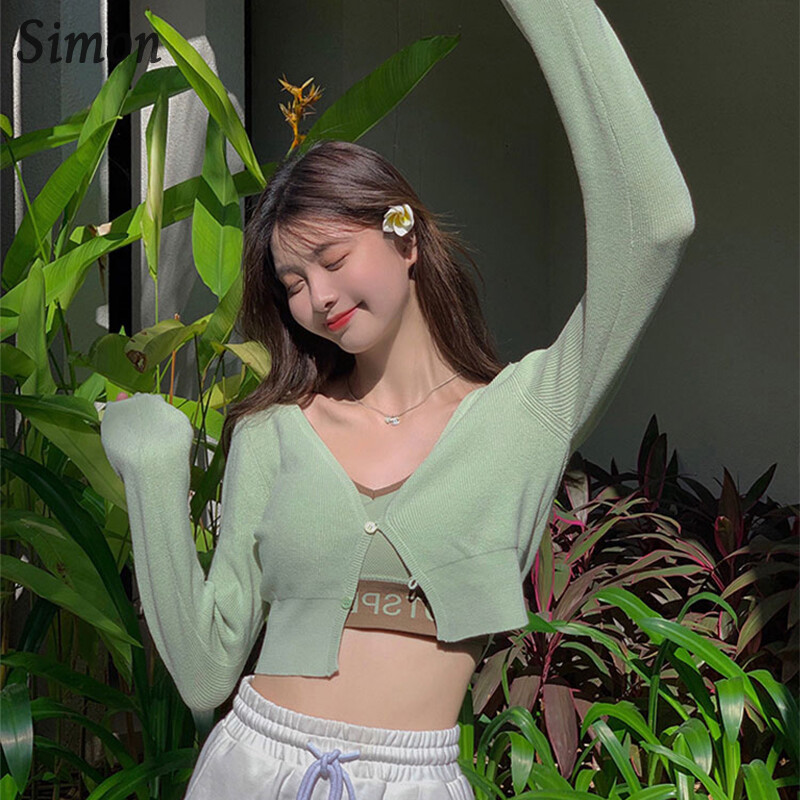 Áo Crop Top Dệt Kim Cho Nữ/Áo Cánh Ôm Sát Màu Trơn Cổ Chữ V Dài Tay