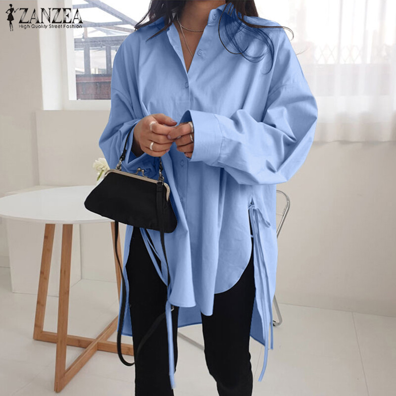 ZANZEA Womens Long Sleeve Collared Button Down High Low Shirt Split Hem Tops Blouse