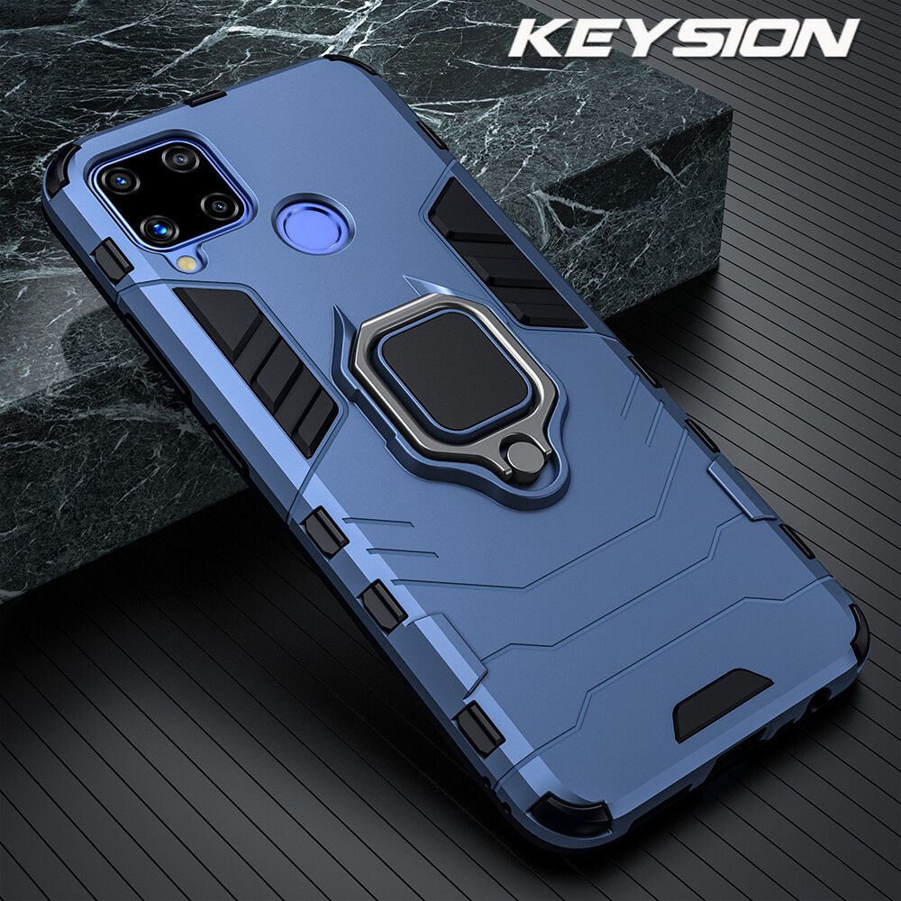 KEYSION Shockproof Armor Case for Realme C15 C17 C12 C11 C3 V5 Ring Stand Silicone Phone Back Cover for OPPO Realme Q2 Q2 Pro
