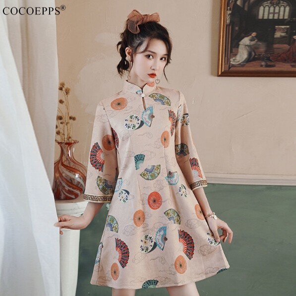 COCOEPPS cheongsam for women 2023 Summer Women's New Retro Chinese Style Short And Seven-point Sleeve A-line Dress