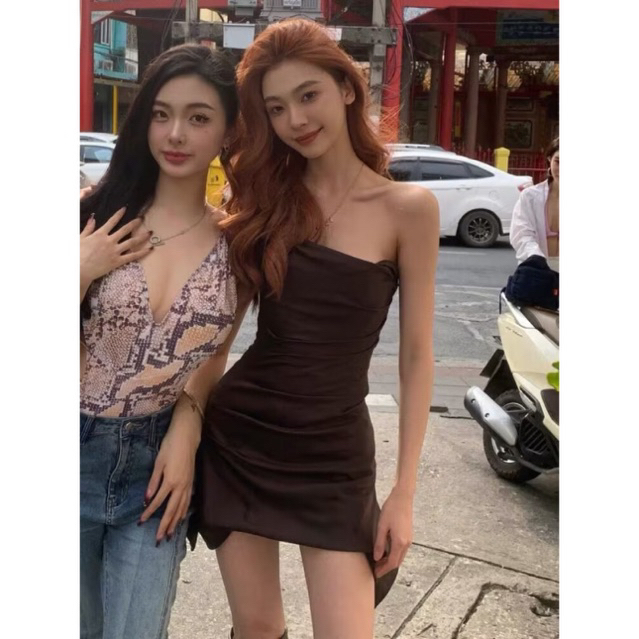 (HÀNG SẴN) Đầm Lụa Mềm Mại Cúp Ngực Tà Xéo Nâu Đen