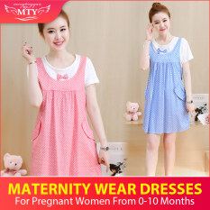Áo Bà Bầu Thời Trang Mới Mùa Hè Ngắn Tay Cổ Tròn Polka Dot Giả Hai Mảnh Của Dài Rộng Cho Phụ Nữ Mang Thai Dáng Rộng Ăn Mặc