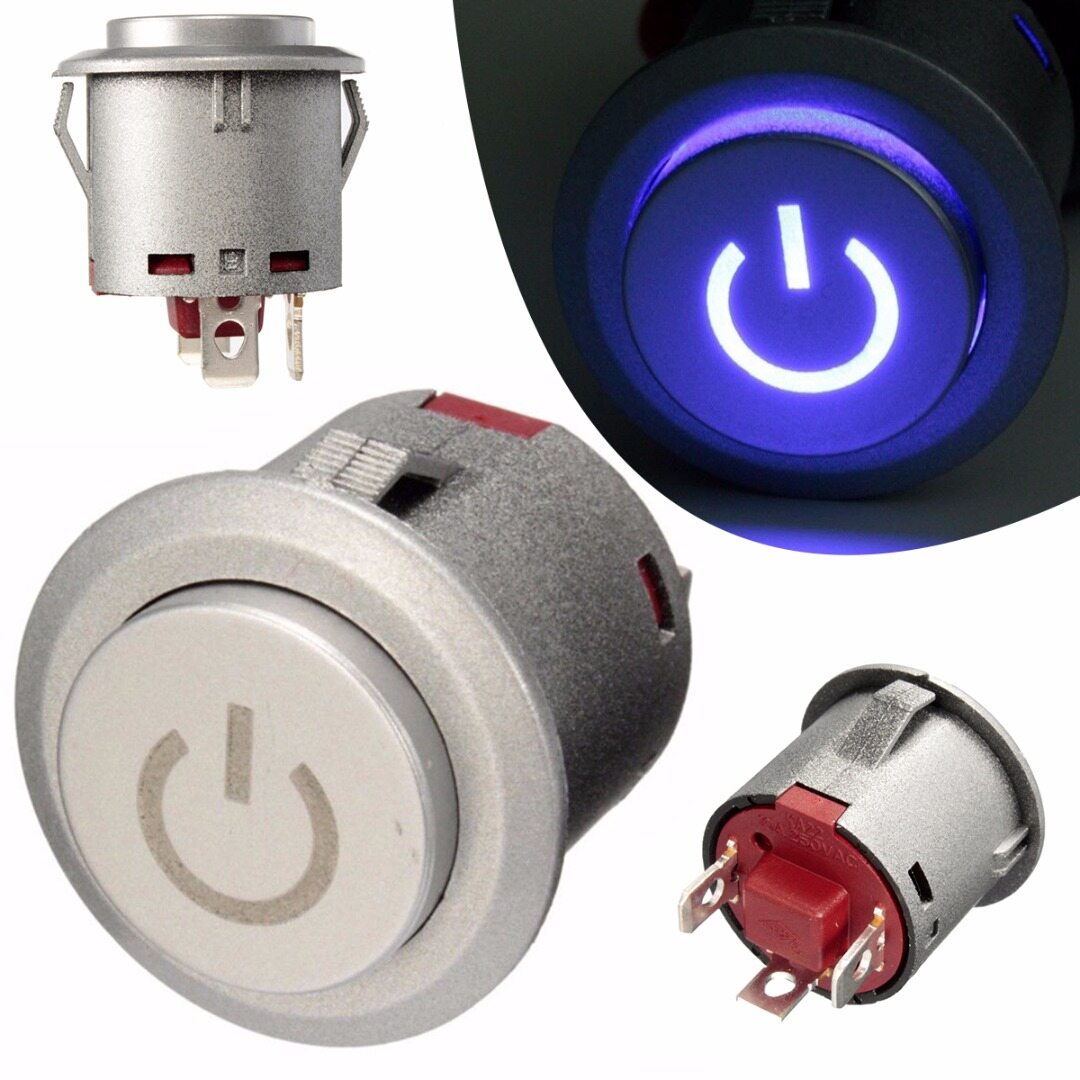 BOKALI 1PC 12V 22mm Blue LED Autolock Power Button Push Button ON/Off Switch Latching