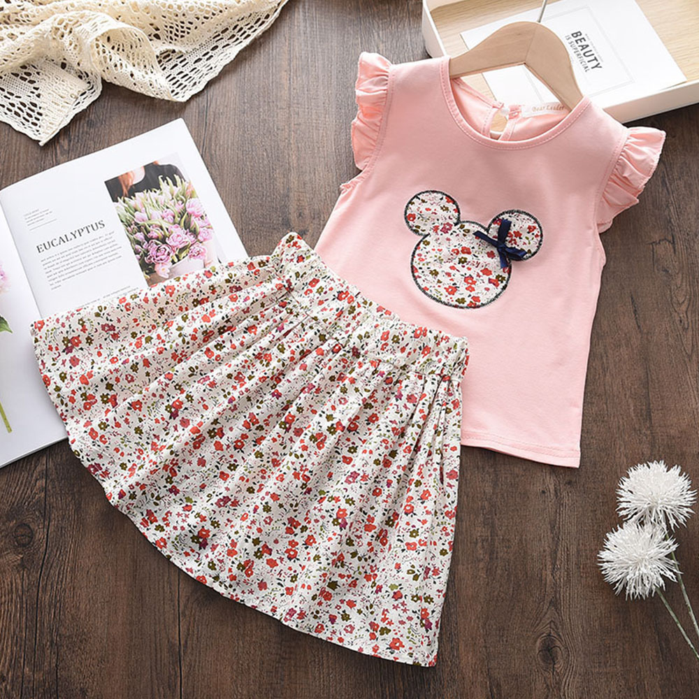Bear Leader 2024 Summer New Korean Children's Cartoon Flower Broken Sleeve Top + Skirt Two Piece Children's Suit