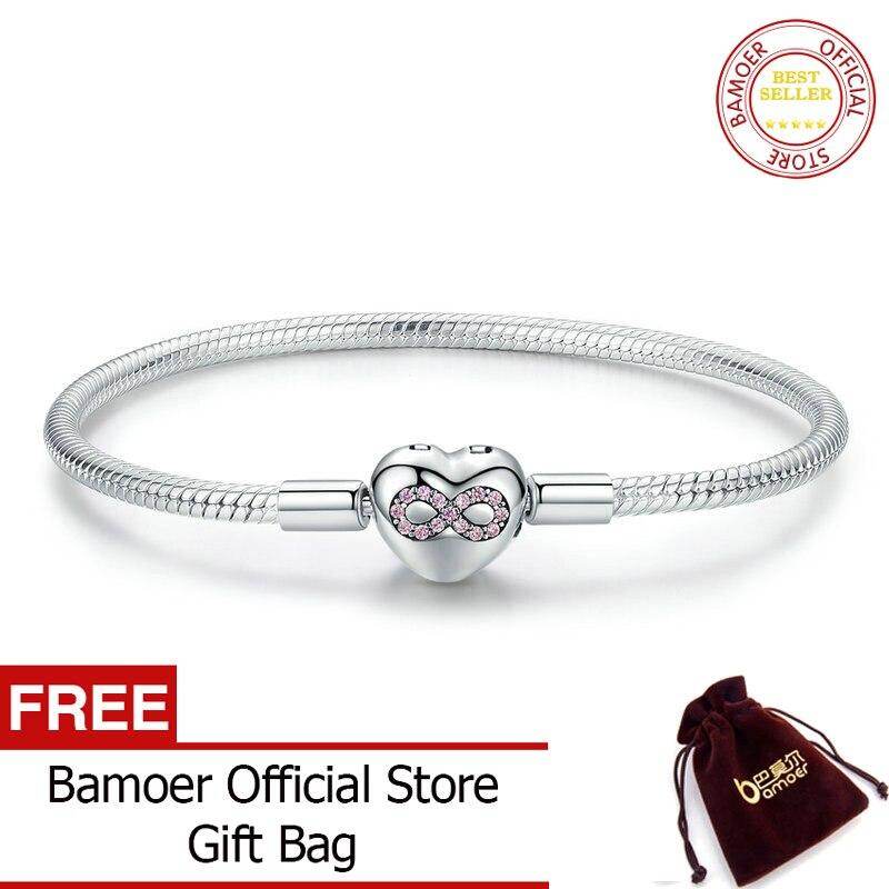 Bamoer infinity heart bracelet sterling silver 925 heart-shape love snake bangle bracelets 3mm for diy fine jewelry scb142